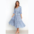 summer blue floral print mid-sleeve V-neck dress  NSCXY120954