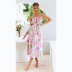 pink floral print wrapped chest hollow sling dress  NSCXY120962