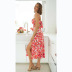 red floral print wrapped chest slit sling long dress  NSCXY120963