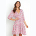 red floral mid-sleeve V-neck ruffled dress NSCXY120965