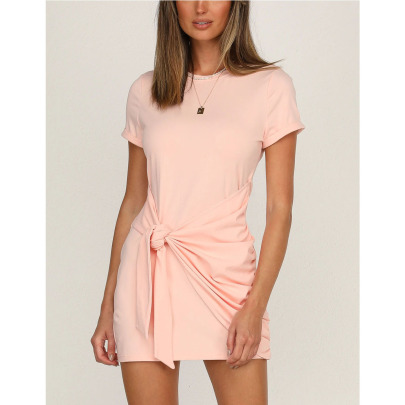 Summer Solid Color Knotted Short T-shirt Dress  NSCXY120968