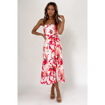 Summer Red Floral Print Wrapped Chest Slit Dress  NSCXY120969