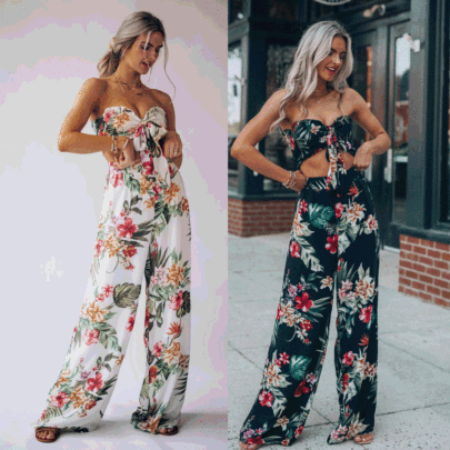 Bohemian Floral Print Knotted Vest And Wide-leg Pants Two-piece Set  NSCXY120970