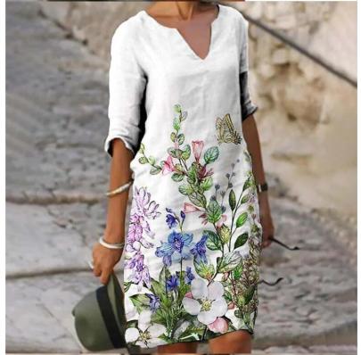 V-neck Mid-sleeve Loose A-line Flower Print Dress NSYF120984