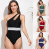solid color one-shoulder belted one-piece bikini swimsuit （multicolor）  NSGM121035