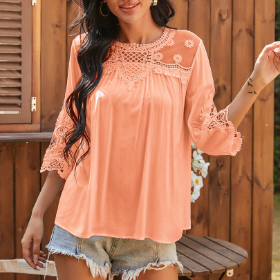 Stitching Mid-sleeve Round Neck Solid Color Lace Top NSNXG121087