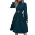 solid  color long-sleeved buttoned pleated belted dress NSNXG121096