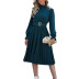 solid  color long-sleeved buttoned pleated belted dress NSNXG121096