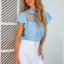 blue short-sleeved lace stitching loose bow top  NSNXG121105