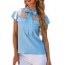 blue short-sleeved lace stitching loose bow top  NSNXG121105