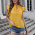 yellow ruffle short-sleeved round neck lace-up commuter shirt top  NSNXG121112