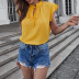 yellow ruffle short-sleeved round neck lace-up commuter shirt top  NSNXG121112