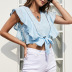 sexy light blue v-neck bow polka-dot short shirt top  NSNXG121126