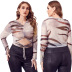 plus size color printing V-neck long-sleeved pleated hollow top NSJKW121195