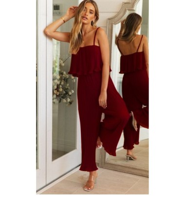 Solid Color Pleated Ruffled Stitching Wide-leg Slip Jumpsuit NSJKW121165