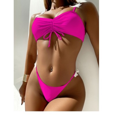 Sexy Solid Color Bow Pleated Split Swimsuit Bikini Two-piece Set (multicolor) NSGM121031