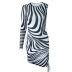zebra print single-shoulder long-sleeved pleated package hip tight short dress NSJYF121202