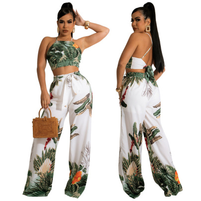 Print Sleeveless Wrap Chest Lace-up Top And Loose High Waist Long Pant Set NSCYF121205