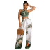 print sleeveless wrap chest lace-up top and loose high waist long pant set NSCYF121205