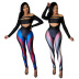 long sleeve hollow wrap chest one-piece top and print high waist tight pant set NSCYF121209