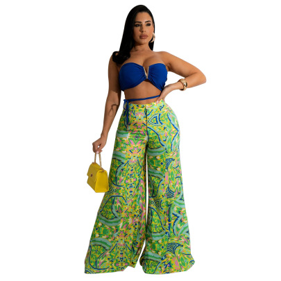 Solid Color V-neck Tube Top Printed Wide-leg Trousers Set NSSFY121267