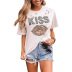 letters and Leopard Lip Print Round Neck Short Sleeve T-Shirt NSMVS121294