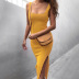 solid color square neck slit long slim dress without belt NSMVS121296