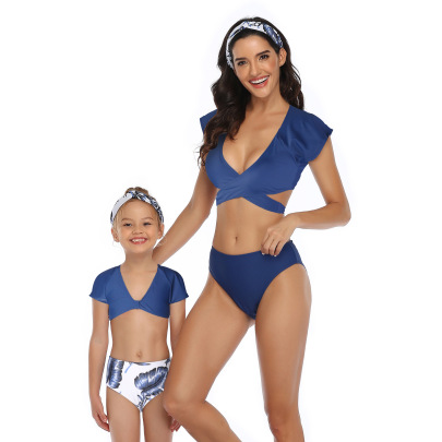 Print V Neck Short Sleeve Slim Parent-child Three-piece Swimsuit NSHYU121346