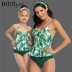 green leaf print/ dairy cow print ruffled one-piece parent-child swimsuit  NSHYU121359