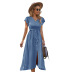 solid color ruffled short-sleeved v-neck waist-girding slit dress  NSKA121404