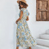 floral print ruffled short-sleeved v-neck waist-girding holiday long-sleeved dress  NSKA121408