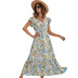 floral print ruffled short-sleeved v-neck waist-girding holiday long-sleeved dress  NSKA121408