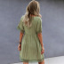 green short-sleeved V-neck A-line lace edge commuter short dress  NSKA121411