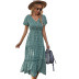 polka dot print v-neck buttoned vacation large swing long dress  NSKA121417