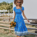 summer blue floral print square neck long casual dress  NSKA121418