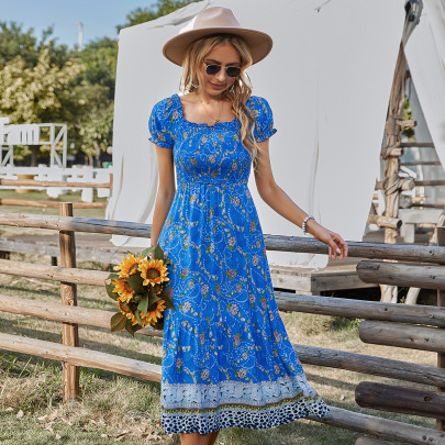 Summer Blue Floral Print Square Neck Long Casual Dress  NSKA121418