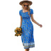 summer blue floral print square neck long casual dress  NSKA121418