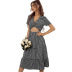 plaid print short-sleeved v-neck hollow large swing long dress  NSKA121430