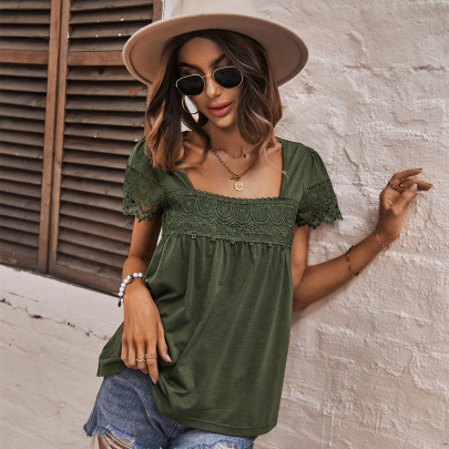 Summer Lace Stitching Short-sleeved Square Neck T-shirt Top  NSKA121441