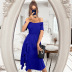blue short-sleeved word neck waist-girding ruffled slit dress  NSKA121448
