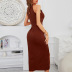 summer brown sleeveless knitted package hip slit dress  NSKA121451