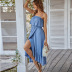summer solid color ruffled stitching slit sling long dress  NSKA121452