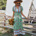 summer Bohemian floral short-sleeved v-neck leisure vacation long dress NSKA121475