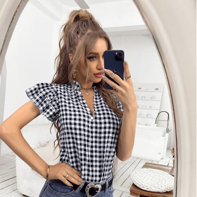 Black And White Plaid Print Ruffled Short-sleeved Buttoned Top  NSKA121476