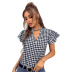 black and white plaid print ruffled short-sleeved buttoned top  NSKA121476