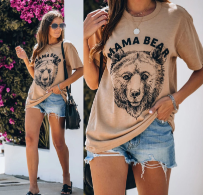 Summer Khaki Bear Print Casual Short-sleeved T-shirt  NSCXY120901