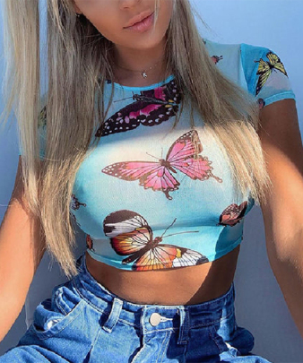 Tight Short-sleeved Butterfly Printing See-through T-shirt NSHFH121893