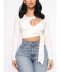 Solid color white long sleeve cut out lace up T-shirt NSHFH121892