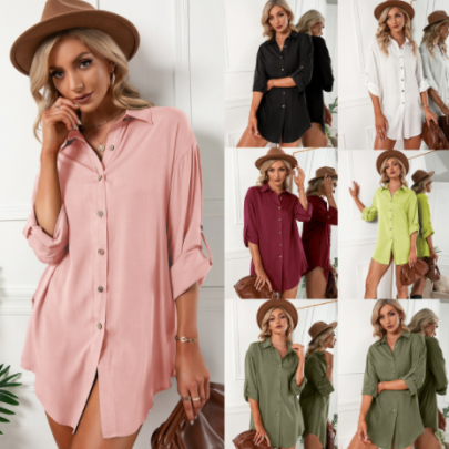 Single-breasted Solid Color Loose Mid-sleeve Shirt Dress NSYBL120658
