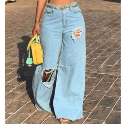 Jeans Sueltos Con Agujeros Irregulares De Cintura Alta NSSFY121261
